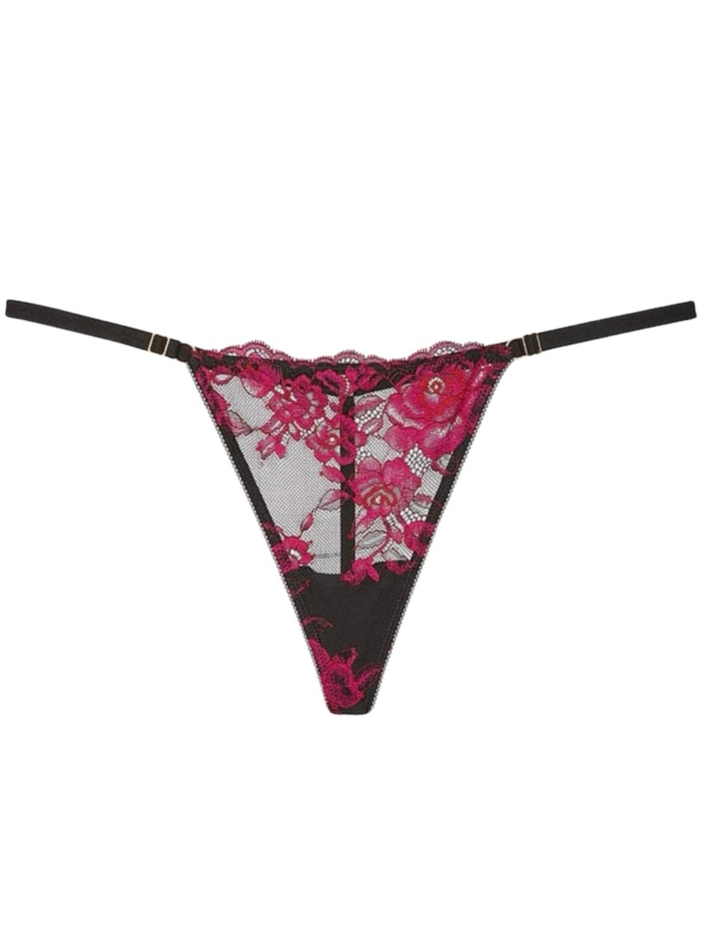 Victoria’s Secret XL Black & Pink Rose Lace Adjustable V String Panty